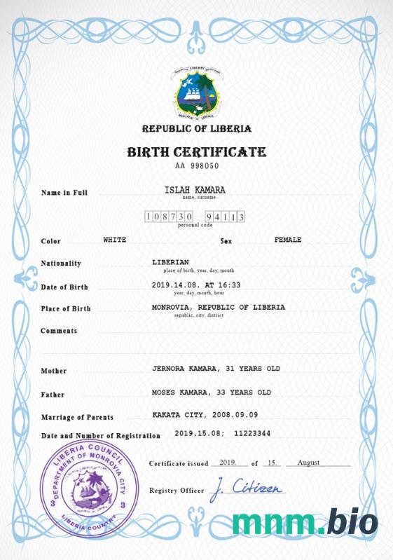 Liberia rekord życiowy narodziny certyfikat PSD szablon